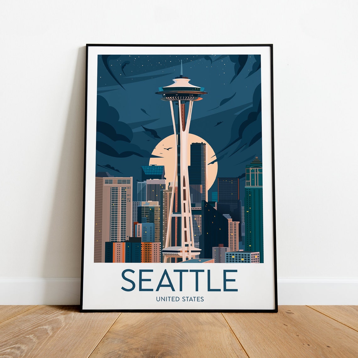 Seattle United States Space Needle Night Skyline Retro Poster - Image 2