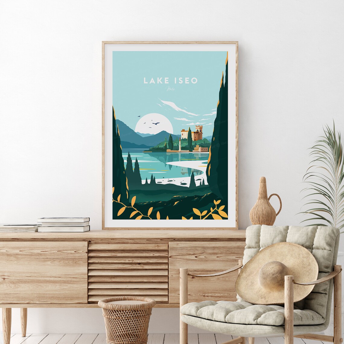 Lake Iseo Italy Castle Shoreline Sunset Vintage Travel Poster