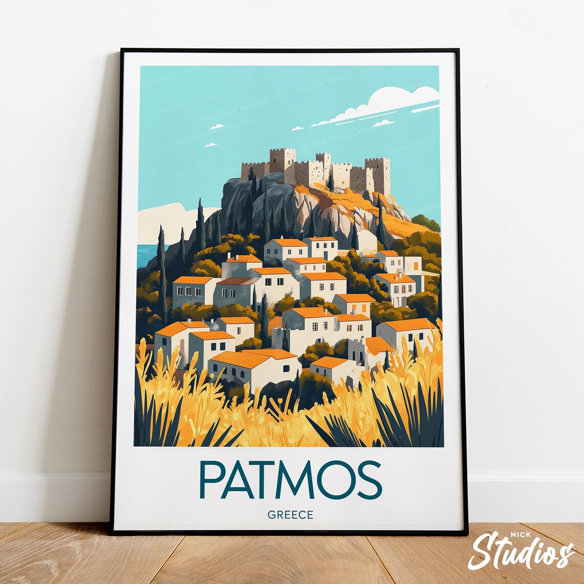 Patmos Greece Hilltop Fortress Island Vintage Travel Poster Art