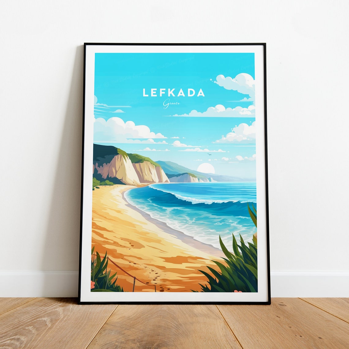 Lefkada Greece Beach Cliffs Turquoise Sea Golden Sand Travel Poster - Image 2