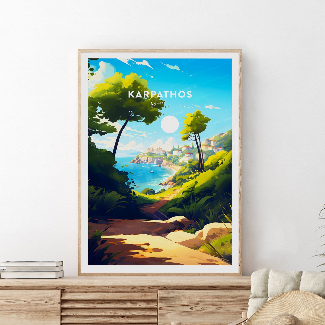 Karpathos Sunlit Cliffs above a Sailboat Cove in Greece Poster - Image 2