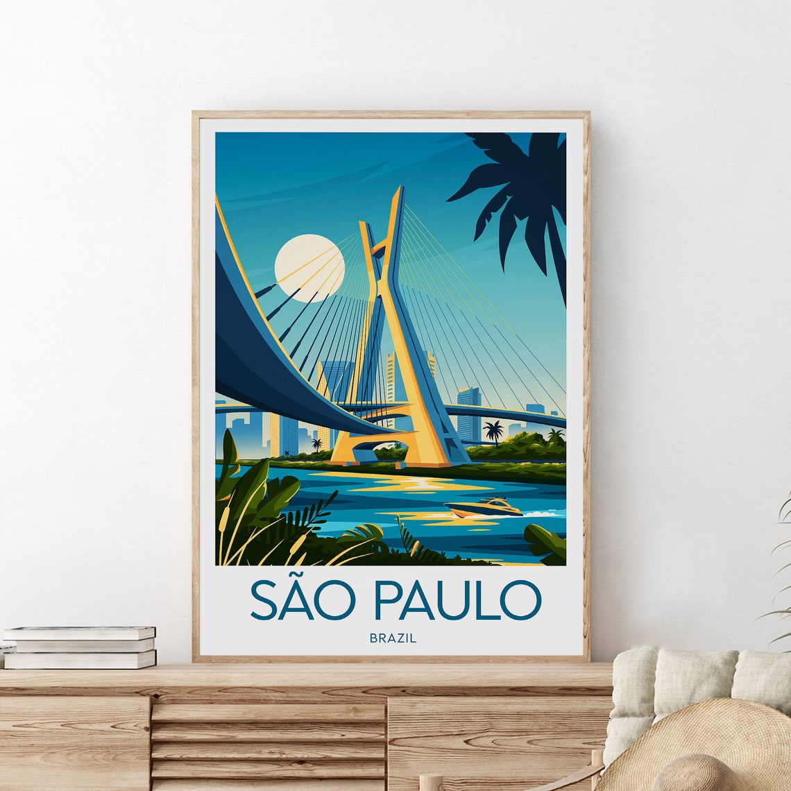 Sao Paulo Brazil Estaiada Bridge Night Vintage Travel Poster