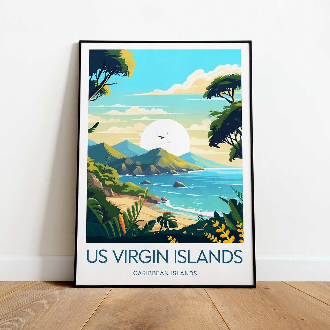US Virgin Islands Caribbean Beach Palm Sunset Island Cove Poster