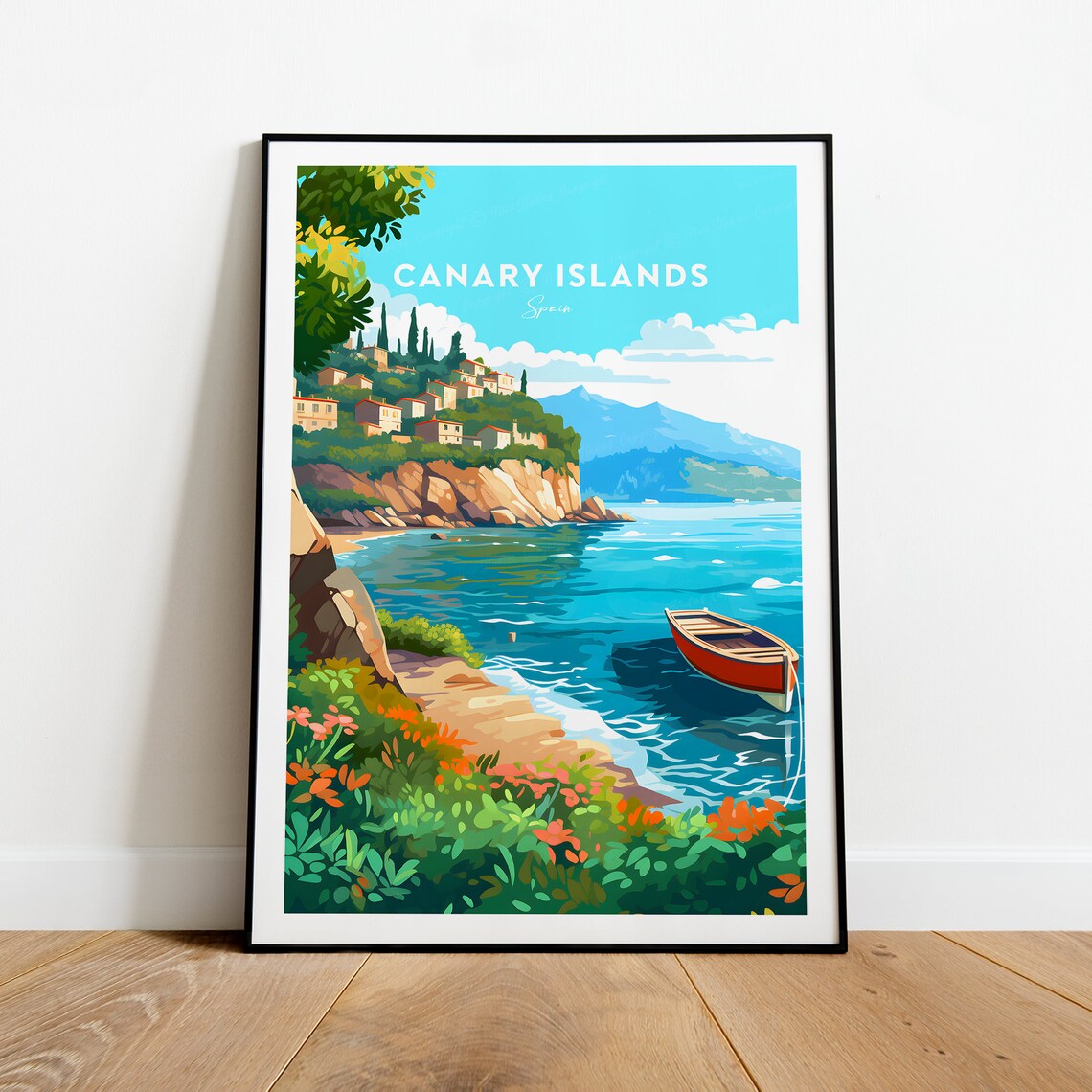 Canary Islands Spain Rocky Ocean Cove Village Boat Travel Poster
