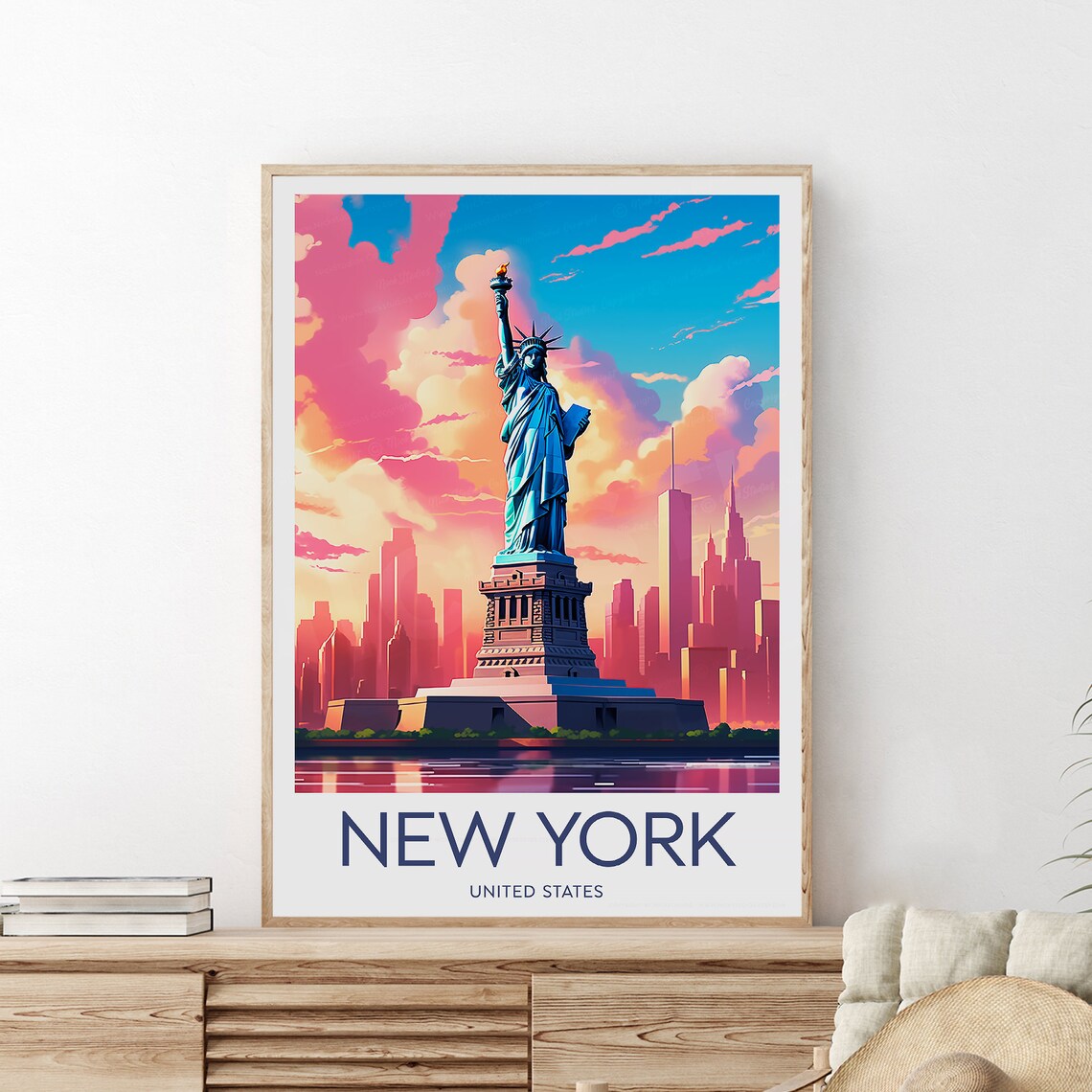 New York Statue of Liberty Sunset Skyline United States Travel Poster