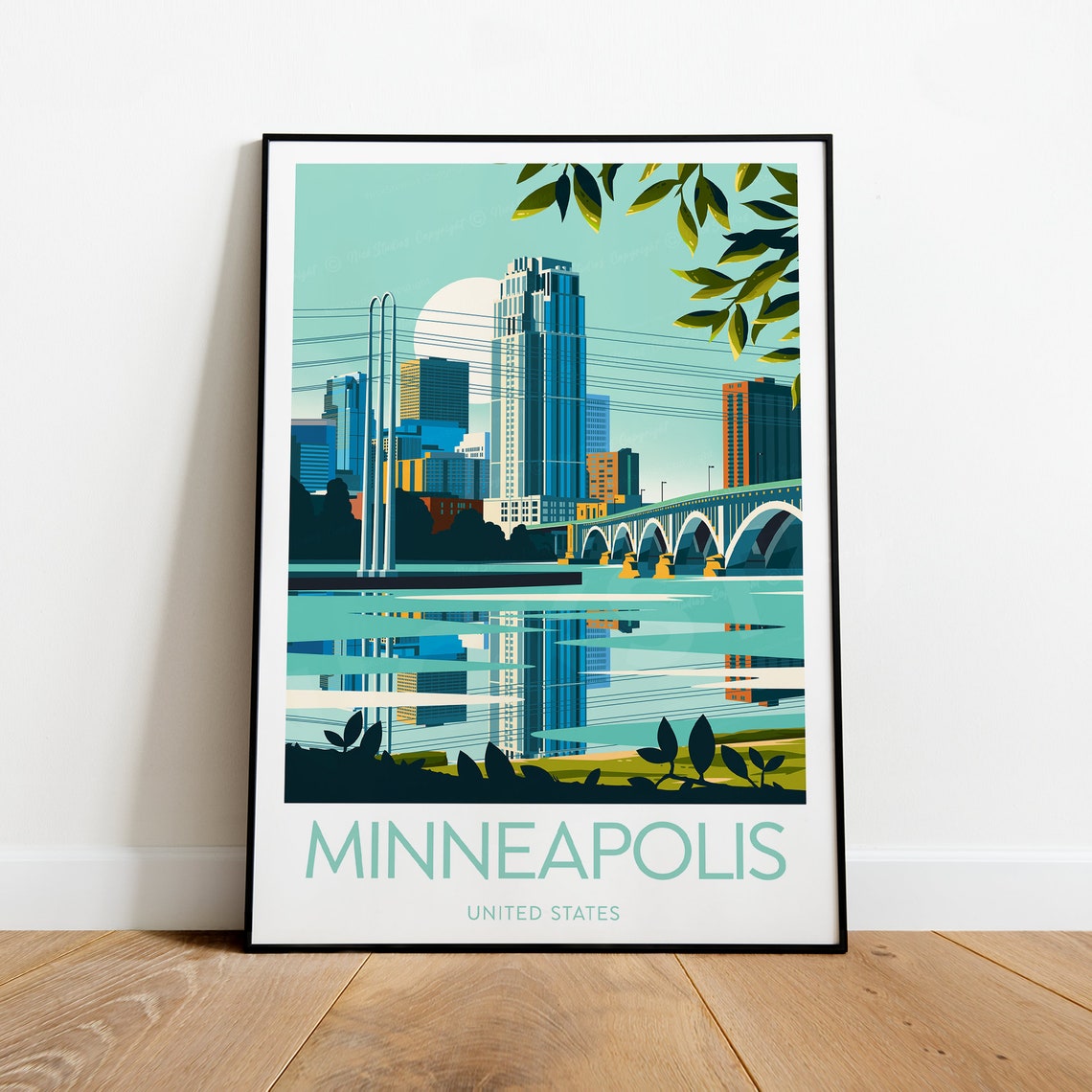 Minneapolis Minnesota Skyline Arch Bridge Morning River Travel Poster