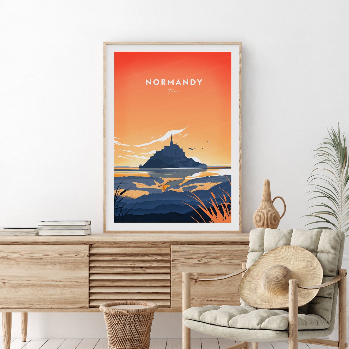 Normandy France Mont Saint Michel Sunset Vintage Travel Poster