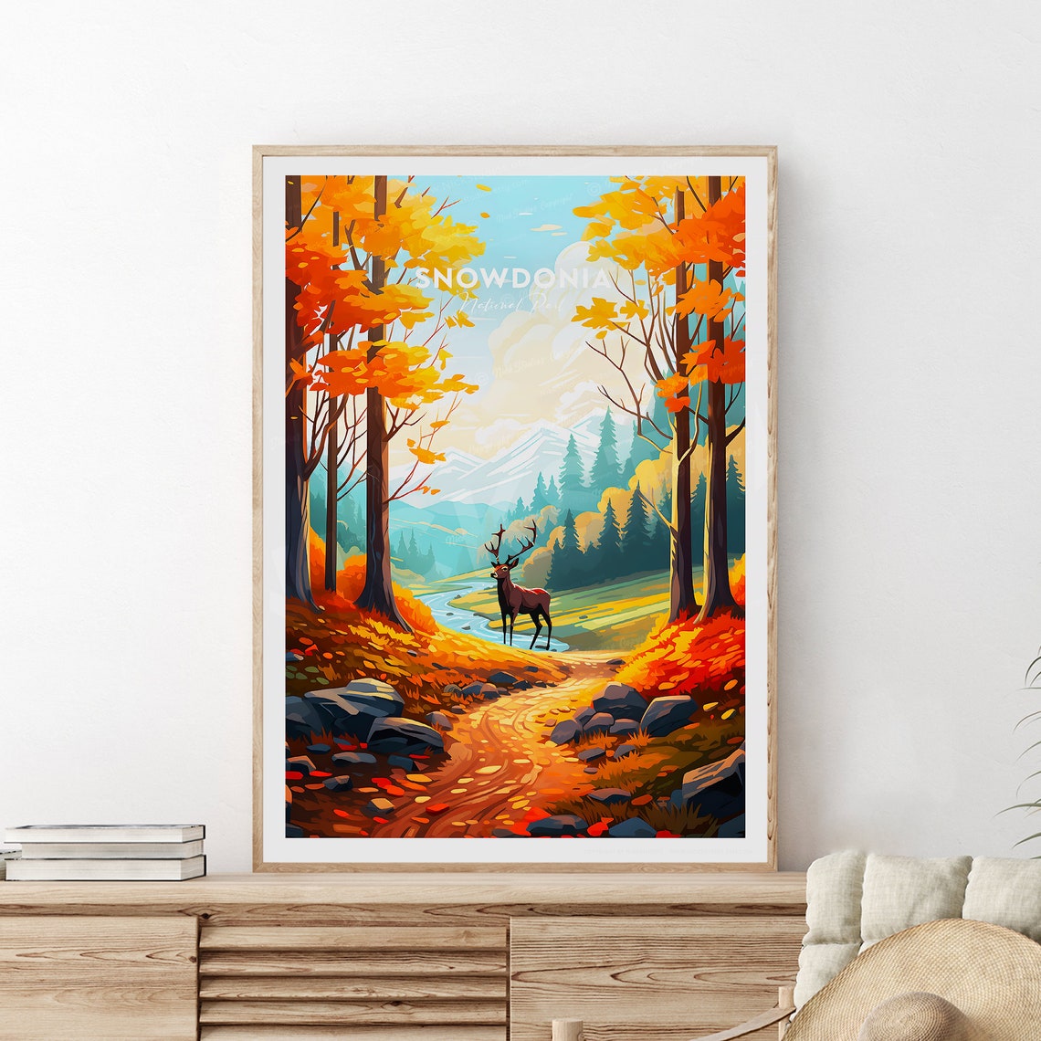 Snowdonia National Park Autumn Deer Golden Forest Travel Poster