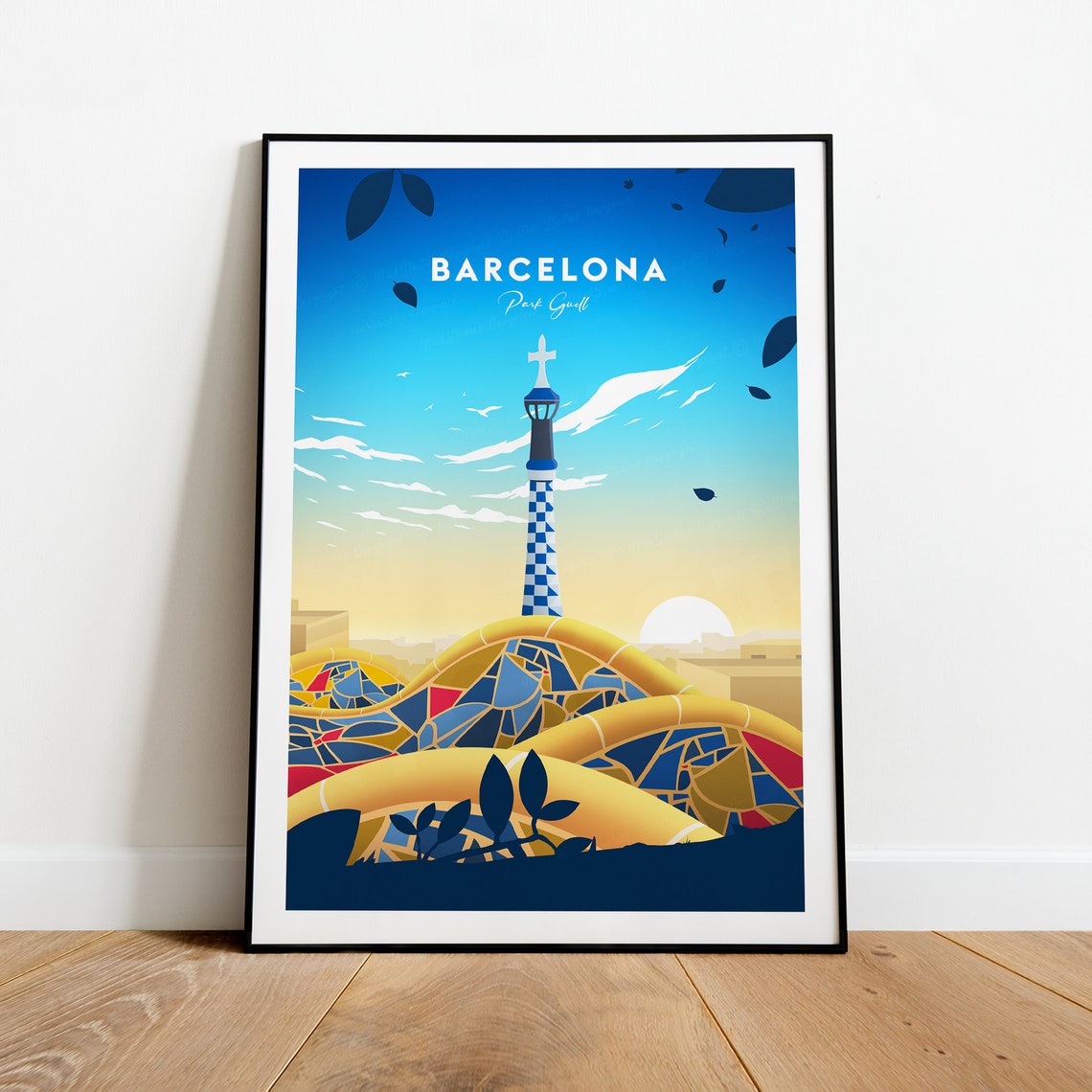 Barcelona Park Guell Gaudi Mosaic Terrace Sunset Travel Poster