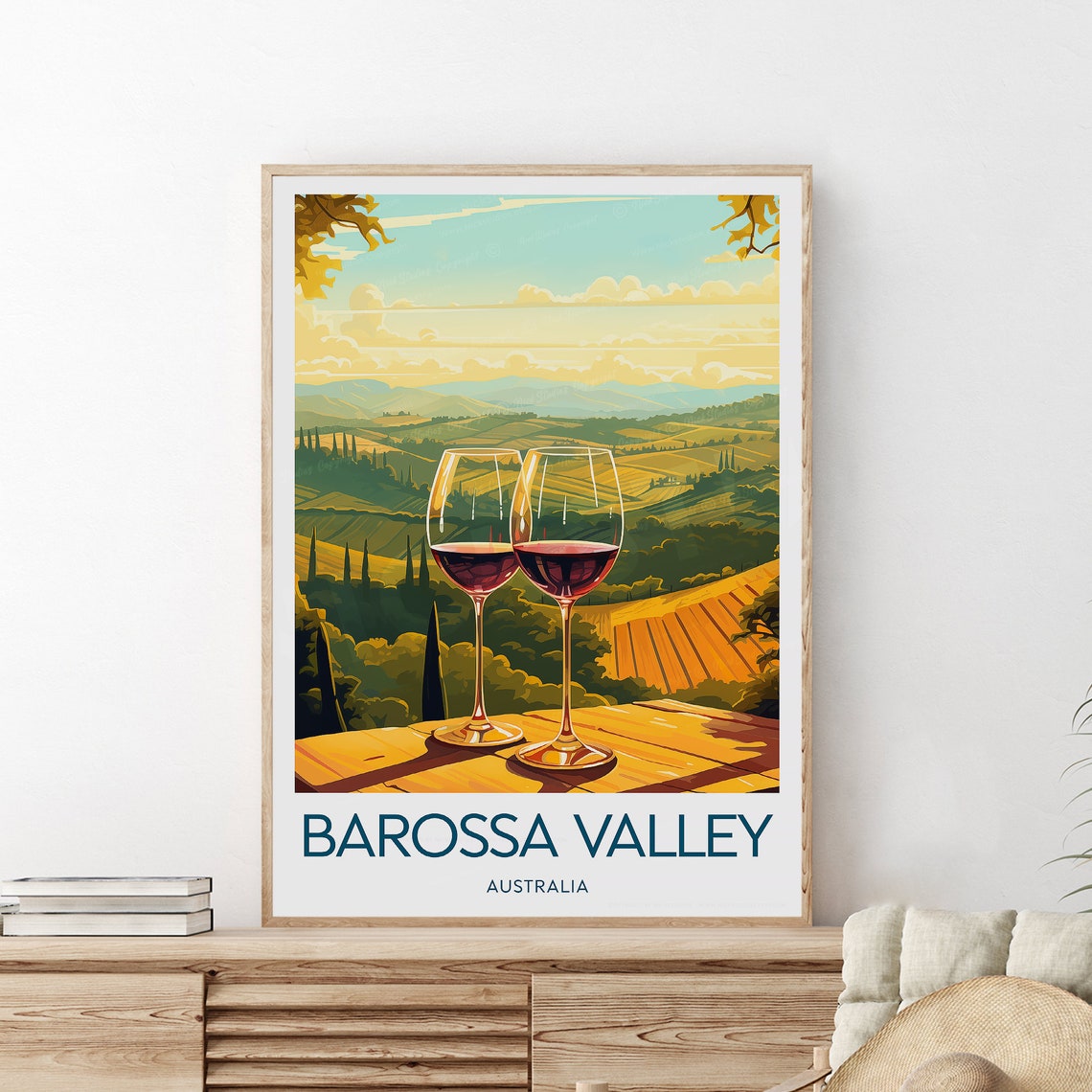 Barossa Valley Vineyard Golden Sunset Red Wine Glasses Travel Poster