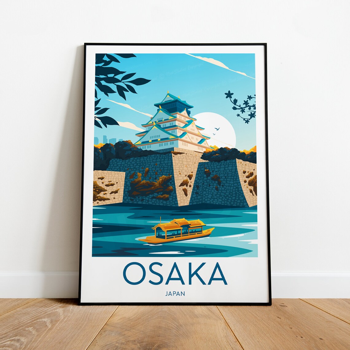 Osaka Castle Moat Golden Boat Sunset Vintage Japan Travel Poster