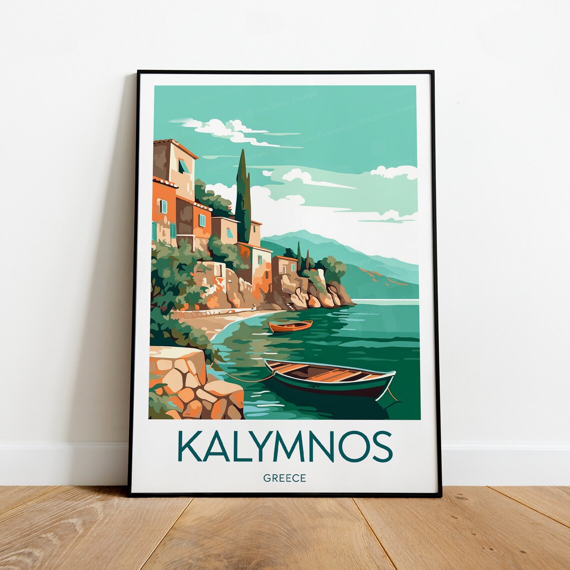 Kalymnos Greece Fishing Boats Seaside Village Coast Travel Poster
