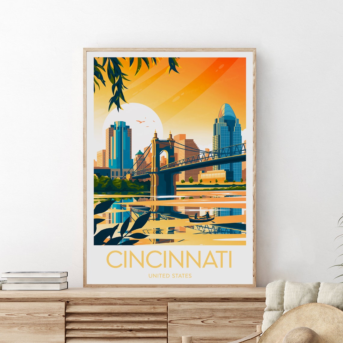 Cincinnati Ohio Evening Skyline Suspension Bridge Travel Poster - Image 2