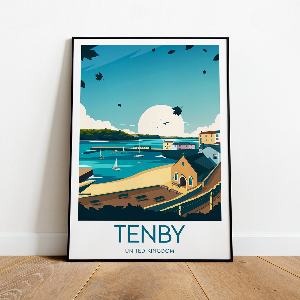 Tenby Wales Harbor With Sailboats and Church at Sunset Travel Poster