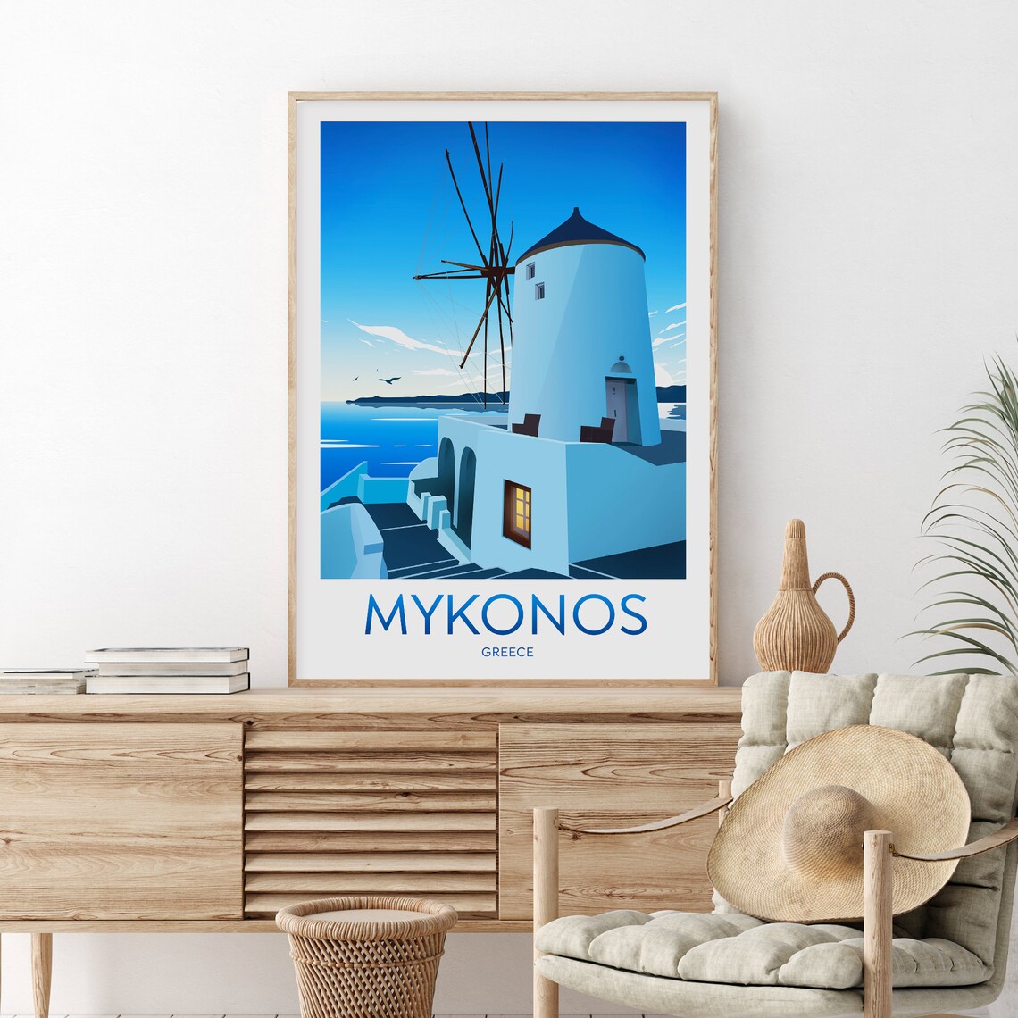 Mykonos Greece White Windmill Aegean Sea Vintage Travel Poster