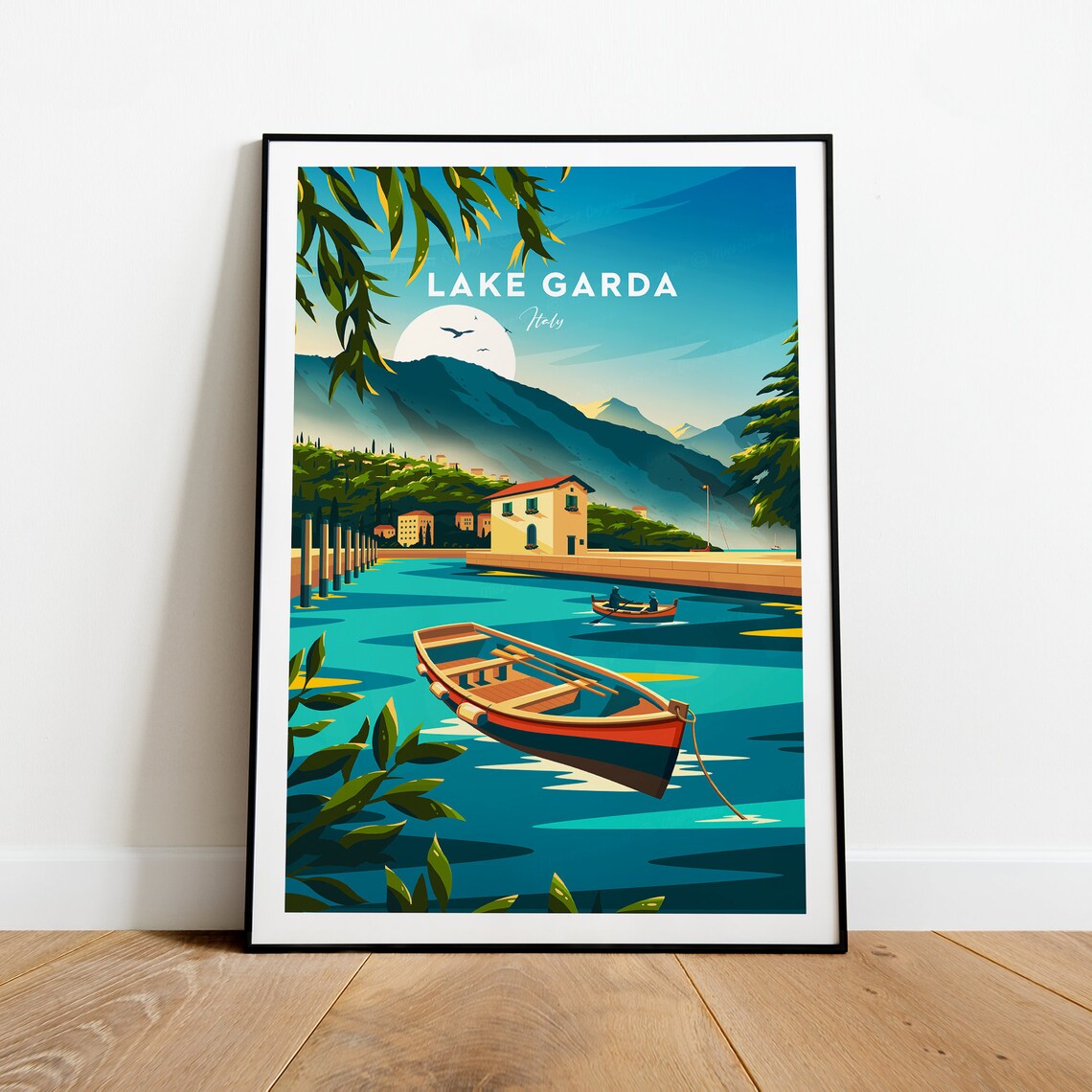 Lake Garda Italy Wooden Boat Turquoise Lake Scenic Travel Poster