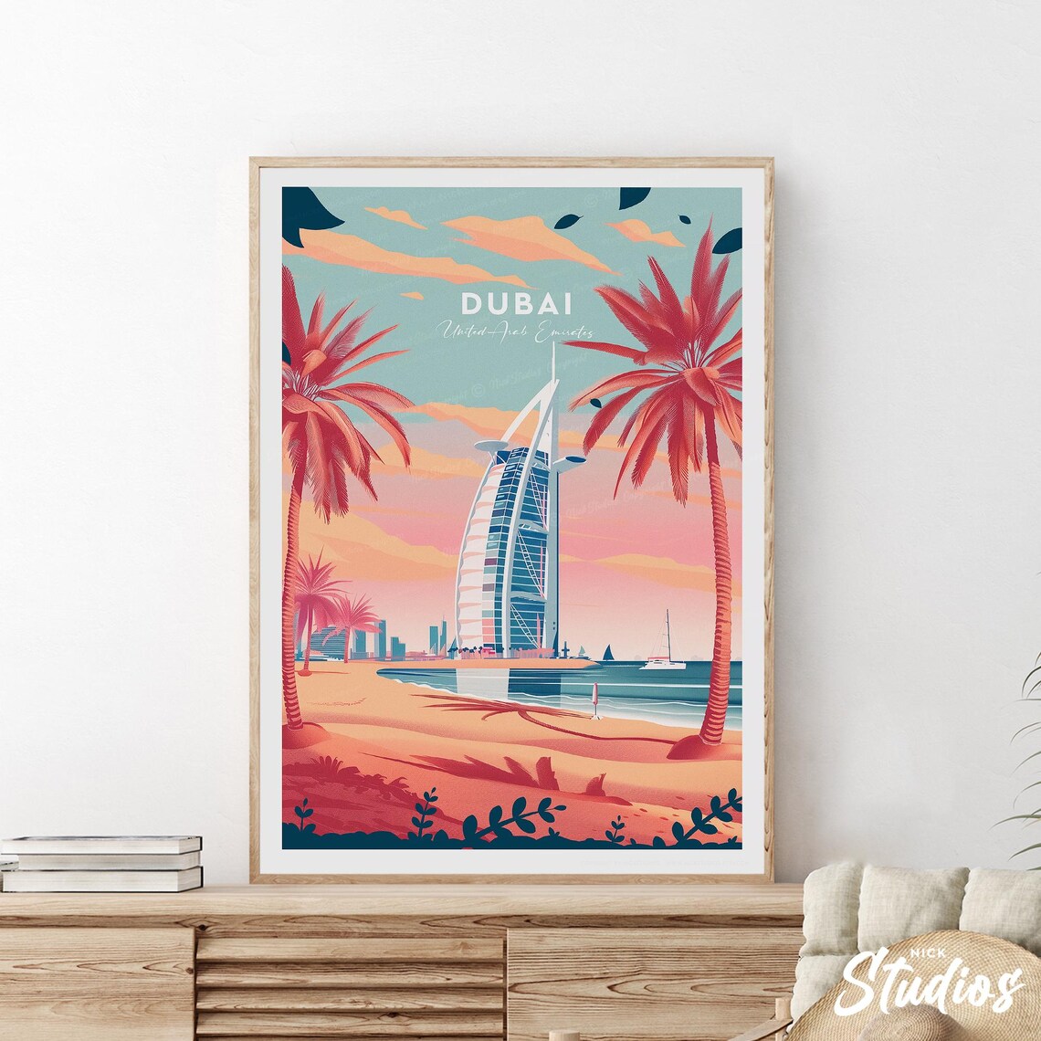 Dubai UAE Traditional Travel Poster Burj Al Arab Beach Palm Scene