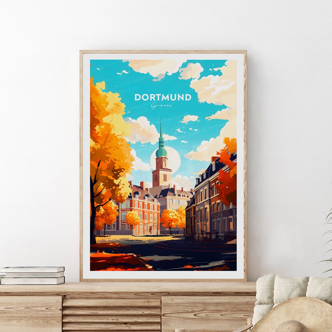 Dortmund Germany Autumn Street Church Tower Golden Travel Poster