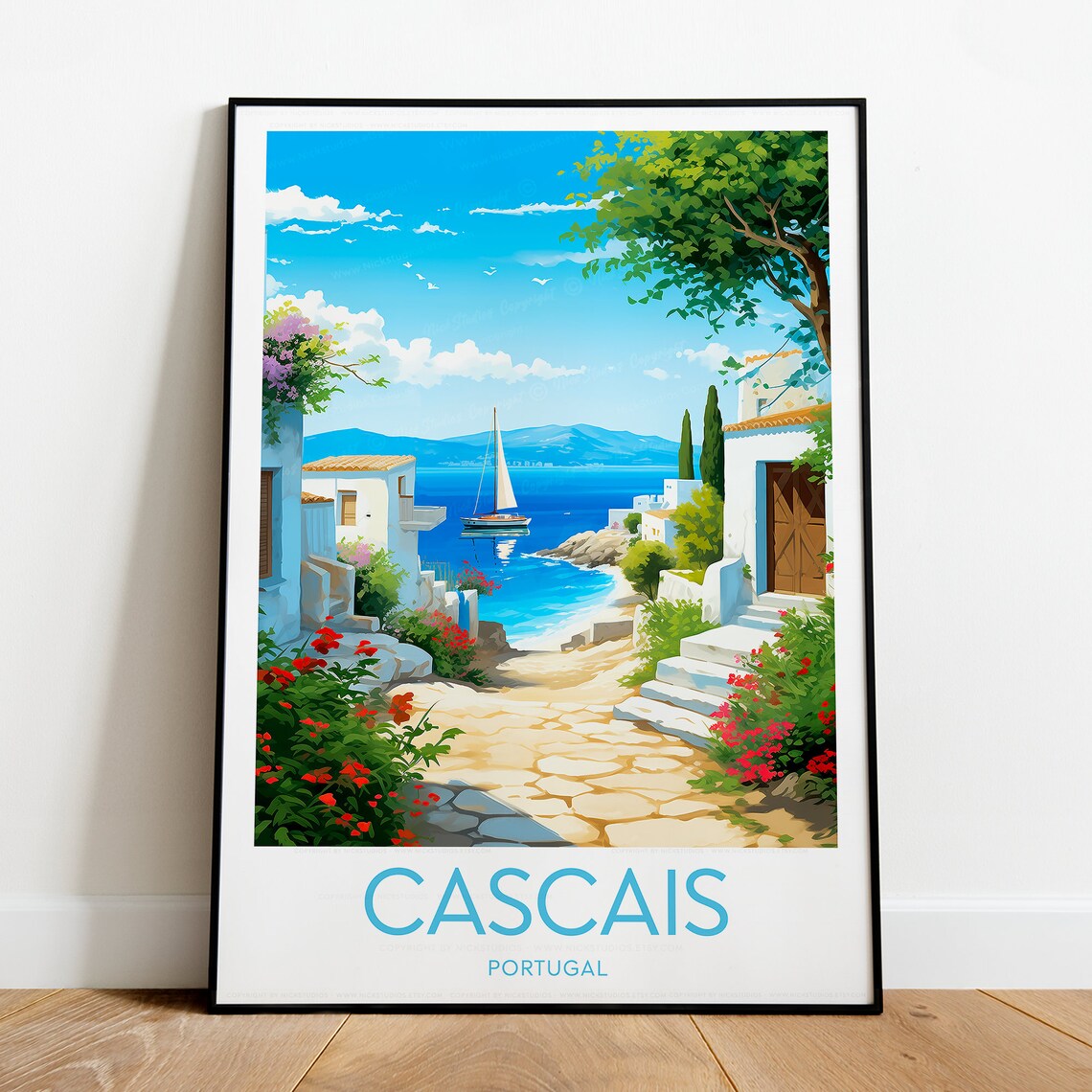 Cascais Portugal Seaside Lane Whitewashed Houses Sailboat Poster - Image 2
