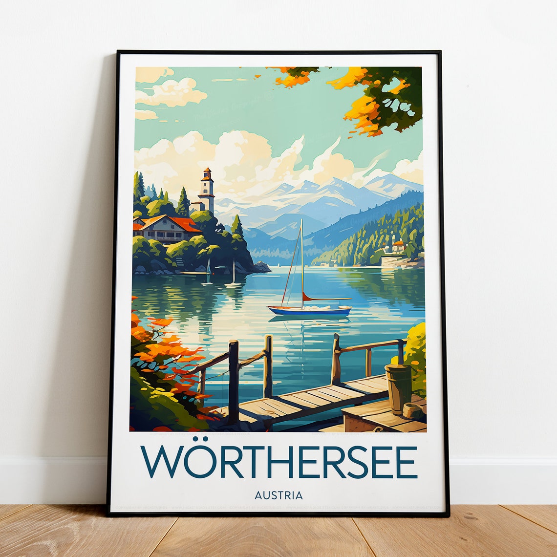 Woerthersee Austria Alpine Lake Sailboat Village Scenic Travel Poster
