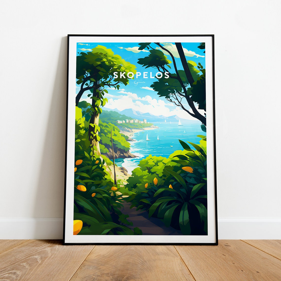 Skopelos Greece Coastal Path Sailboat Bay Green Island Poster