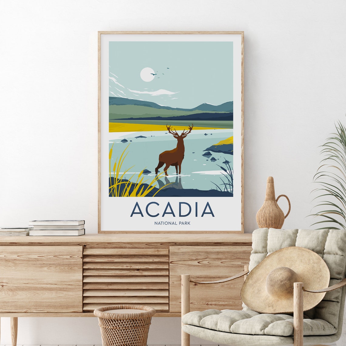 Acadia National Park Majestic Stag Lakeshore Travel Art Poster