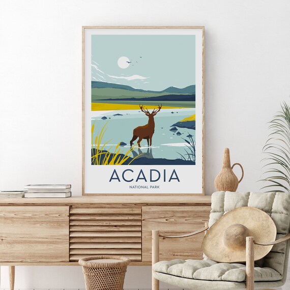 Acadia National Park Majestic Stag Lakeshore Travel Art Poster