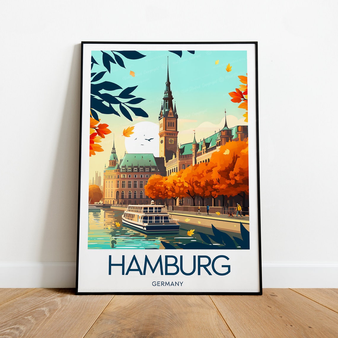 Hamburg Autumn Rathaus Waterfront Alster Boat Scenic Travel Poster - Image 2