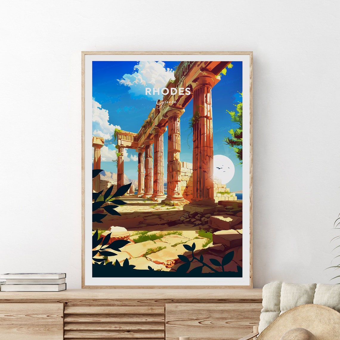 Rhodes Greece Ancient Stone Columns Ruins Acropolis Sunset Poster