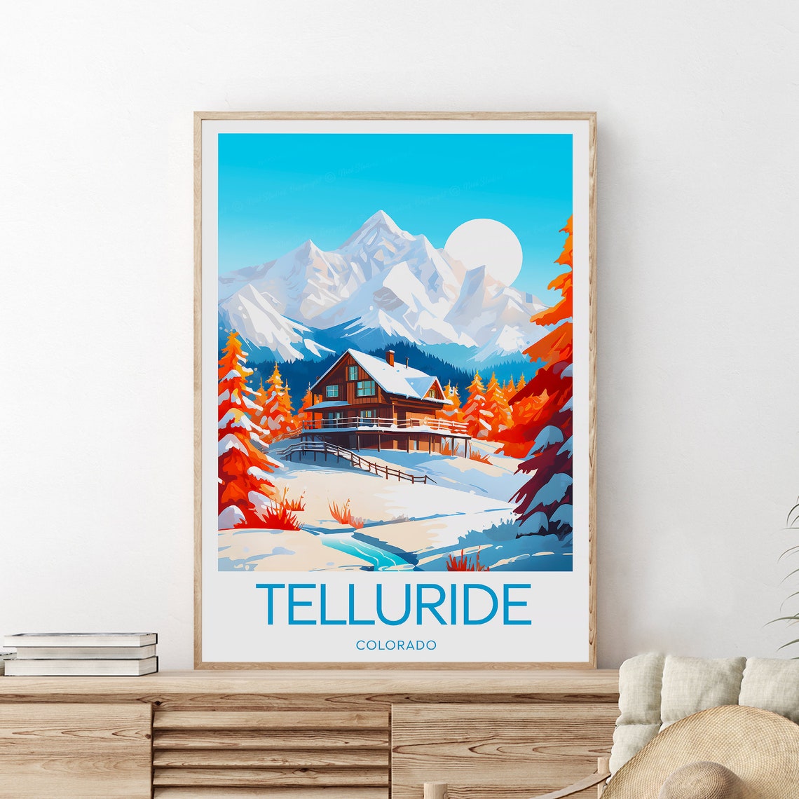 Telluride Colorado Log Cabin Under Snowy Summit Travel Poster - Image 2