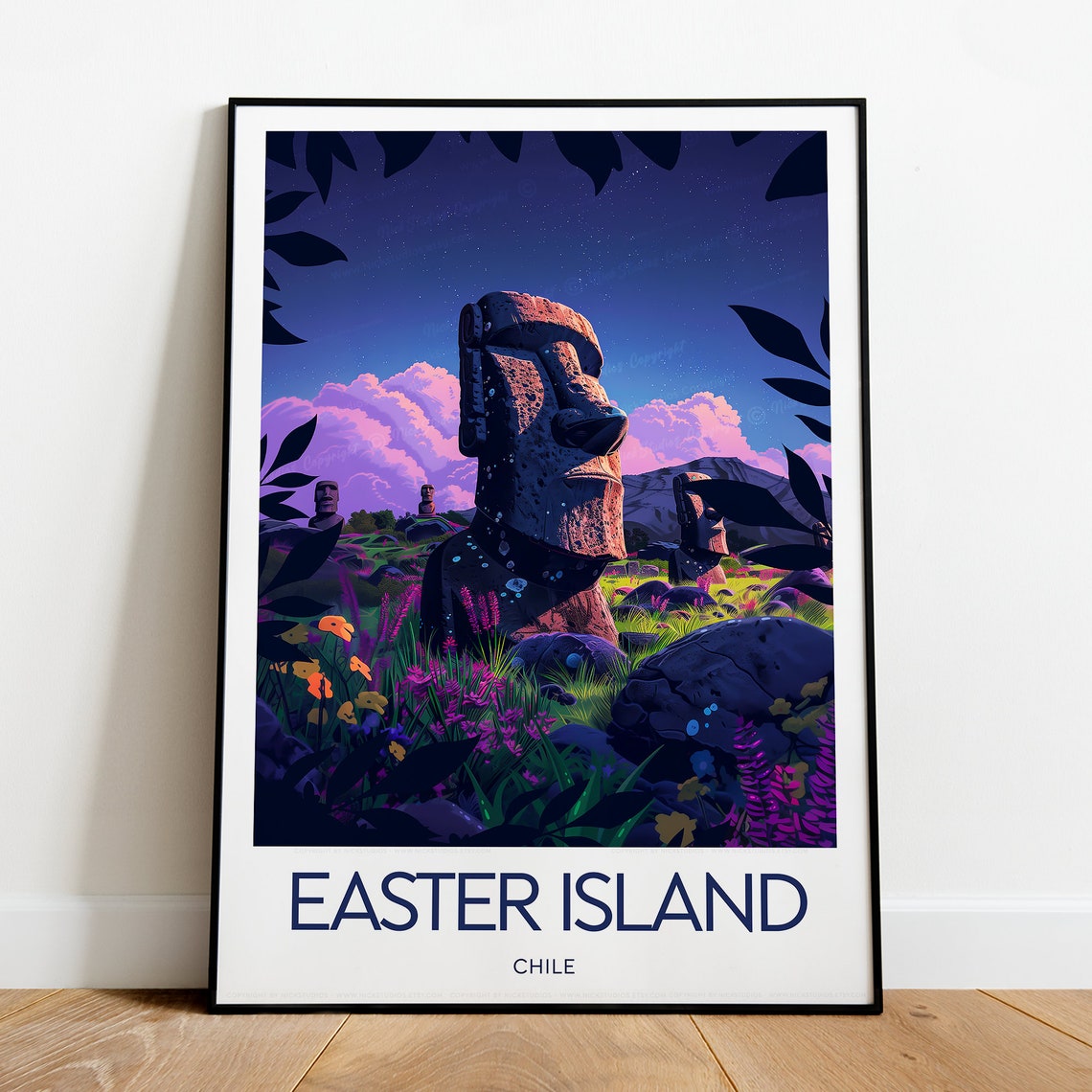 Vibrant Easter Island Chile Moai Statues Twilight Garden Poster