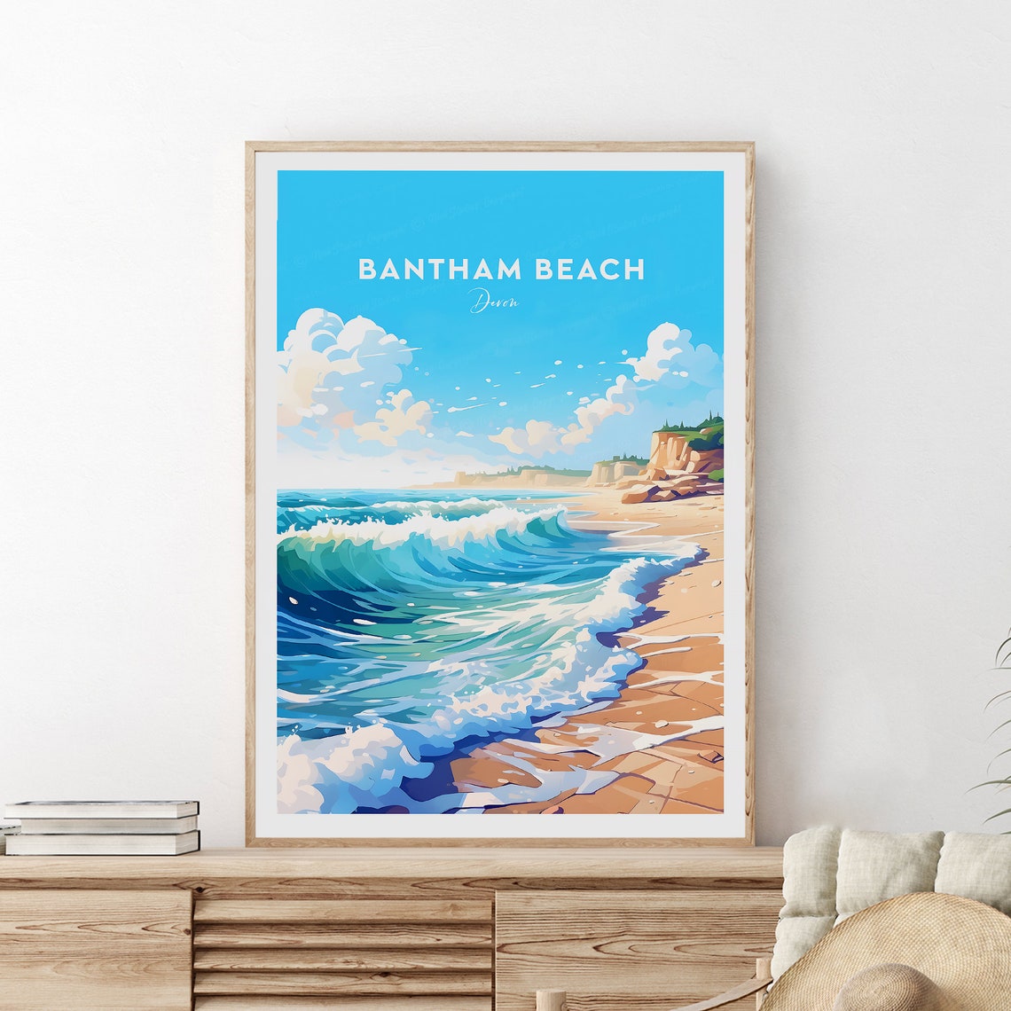 Bantham Beach Devon Rolling Surf Waves Cliffs Seaside Travel Poster