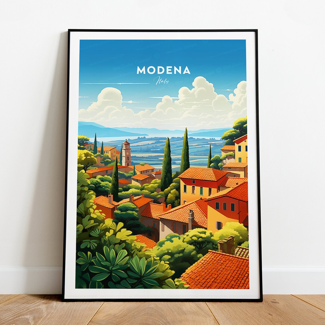 Modena Italy Sunset View Terracotta Hill Town Village Travel Poster - Image 2