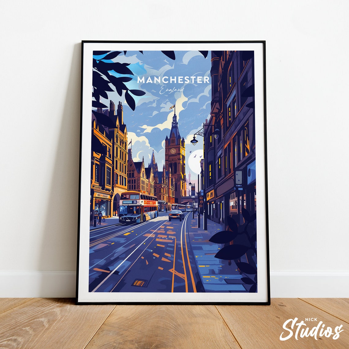 Manchester England Traditional City Street Night Travel Poster