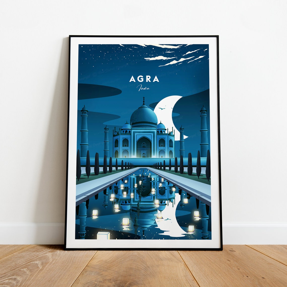 Agra India Taj Mahal Moonlit Evening Reflection Lanterns Travel Poster - Image 2