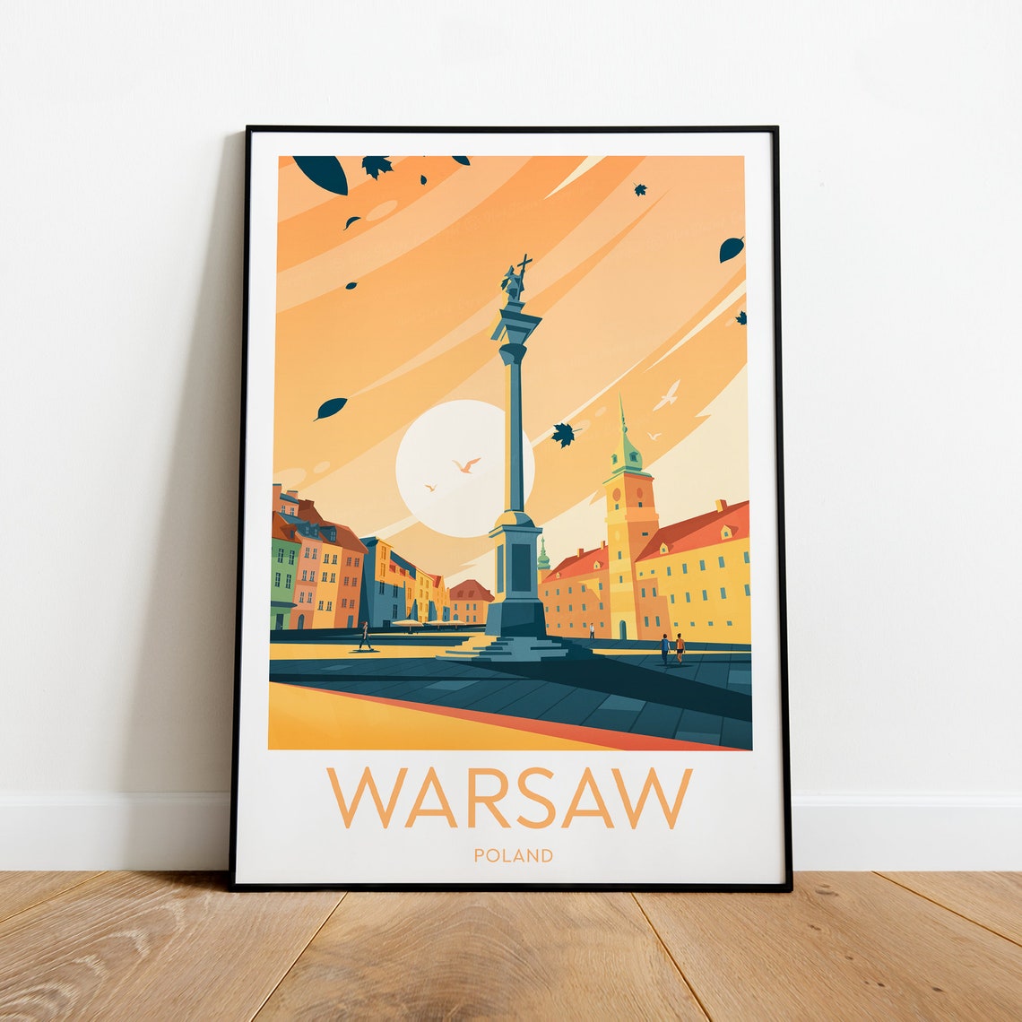 Warsaw Poland Castle Square Autumn Sunset Vintage Travel Poster