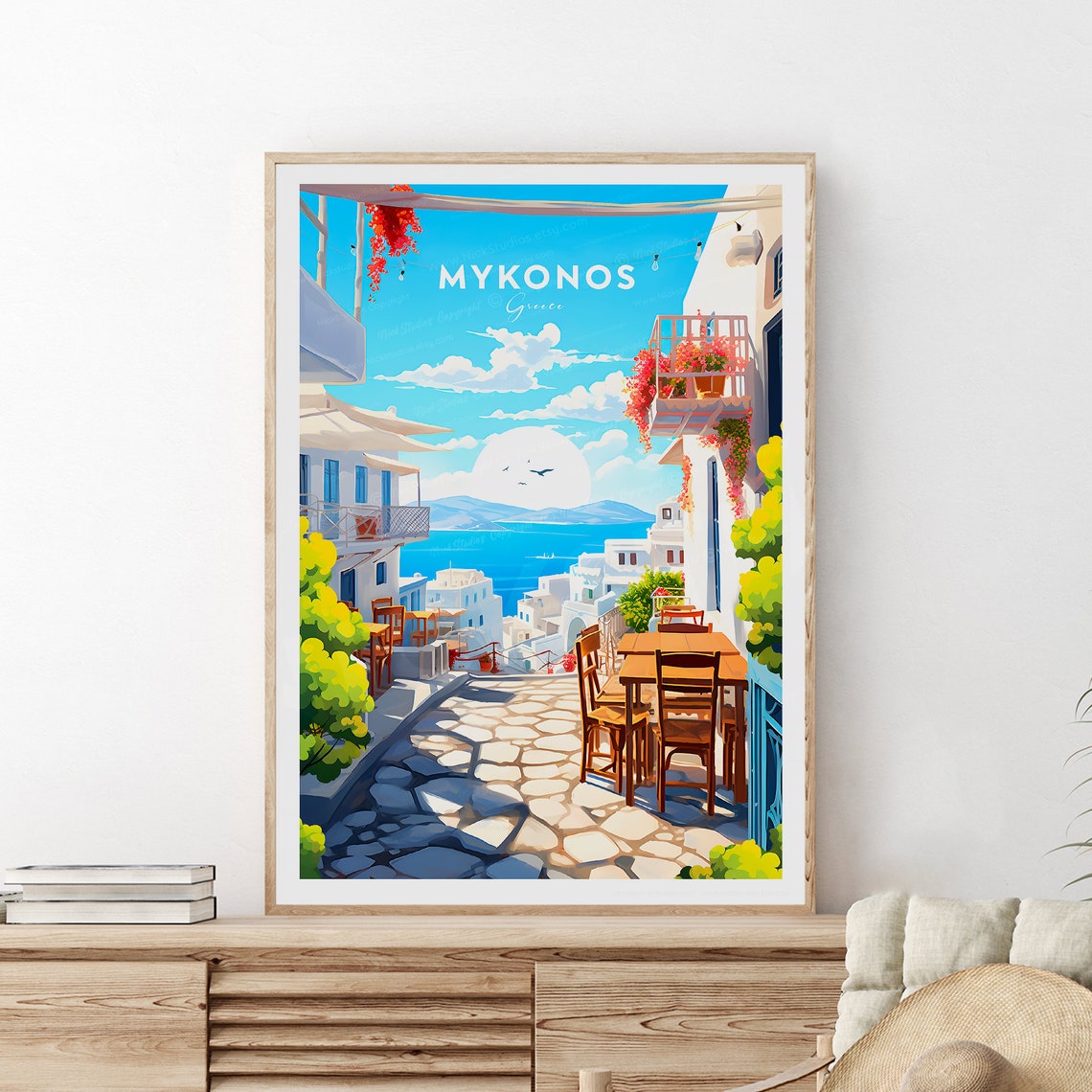 Mykonos Greece Whitewashed Alley Cafes Aegean Sea View Poster
