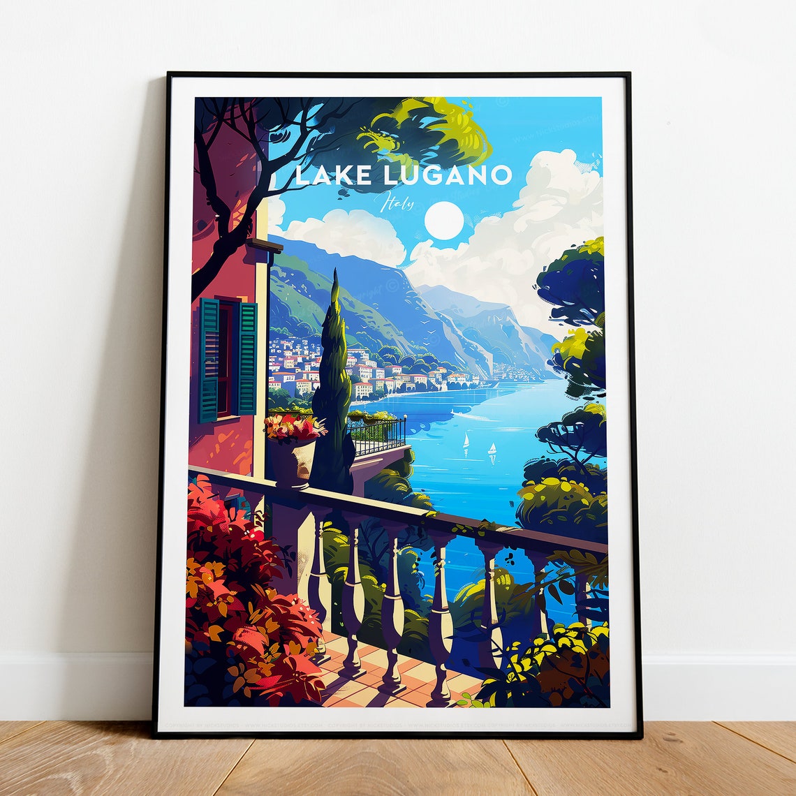 Lake Lugano Italy Balcony View Lakeside Village Travel Poster