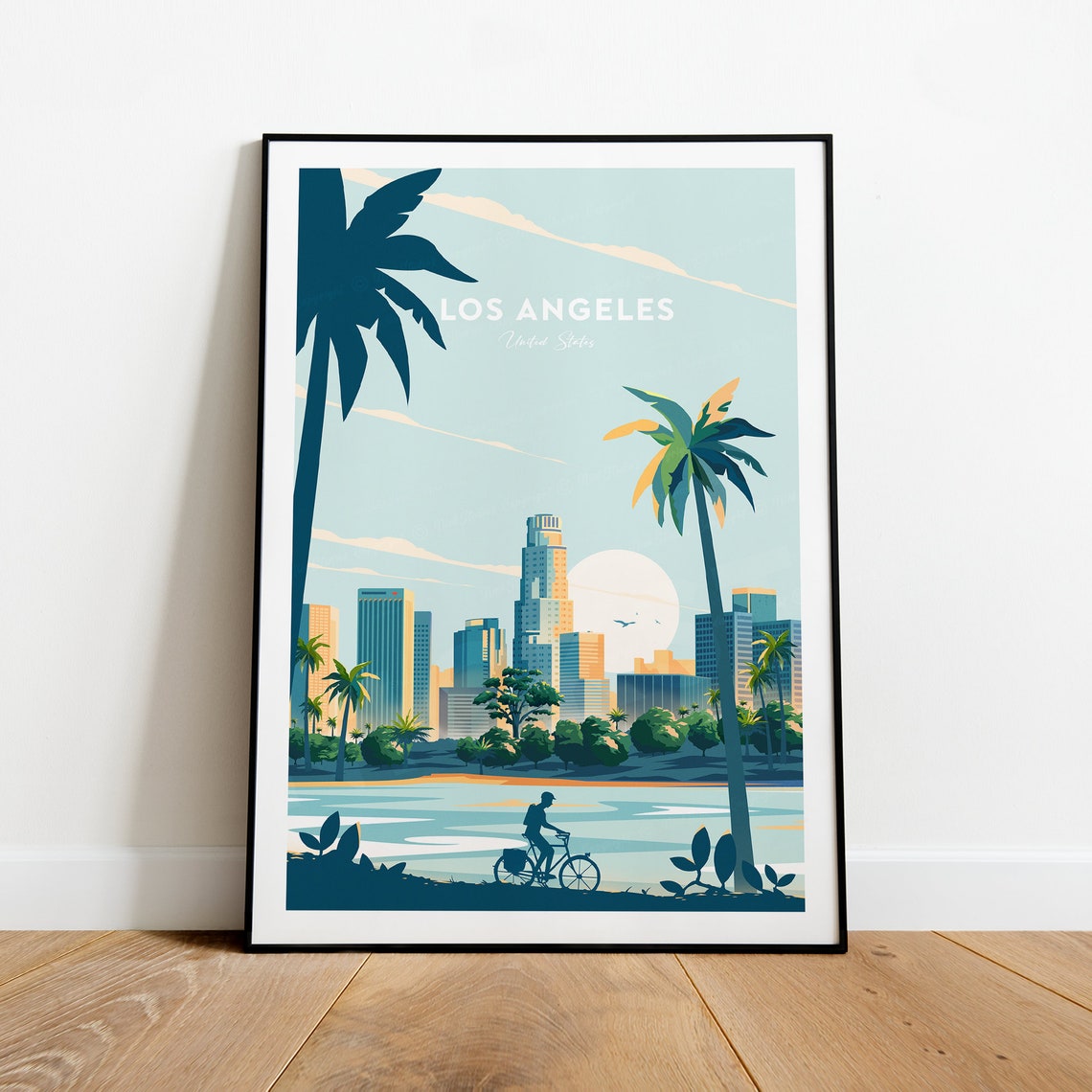 Los Angeles California Downtown Skyline Palm Trees Sunset Poster - Image 2