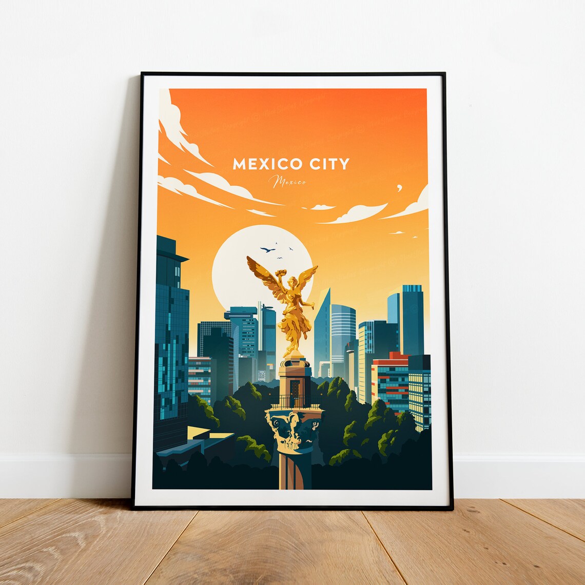 Mexico City Angel Of Independence Sunset Skyline Travel Poster