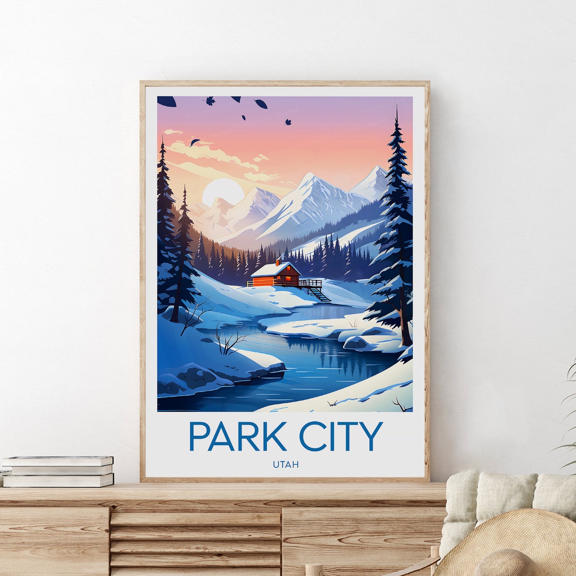 Park City Utah Snowy Mountain Cabin Winter Sunset Scene Poster