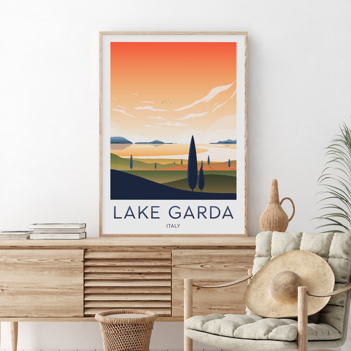 Lake Garda Italy Sunset Over Cypress Hills Travel Poster Italian Art