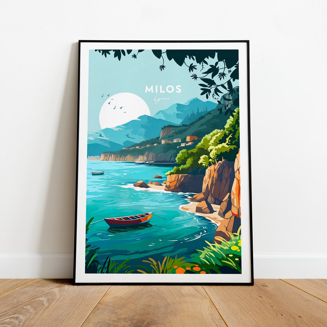 Milos Greece Seaside Cove Fishing Boats Rocky Shore Travel Poster
