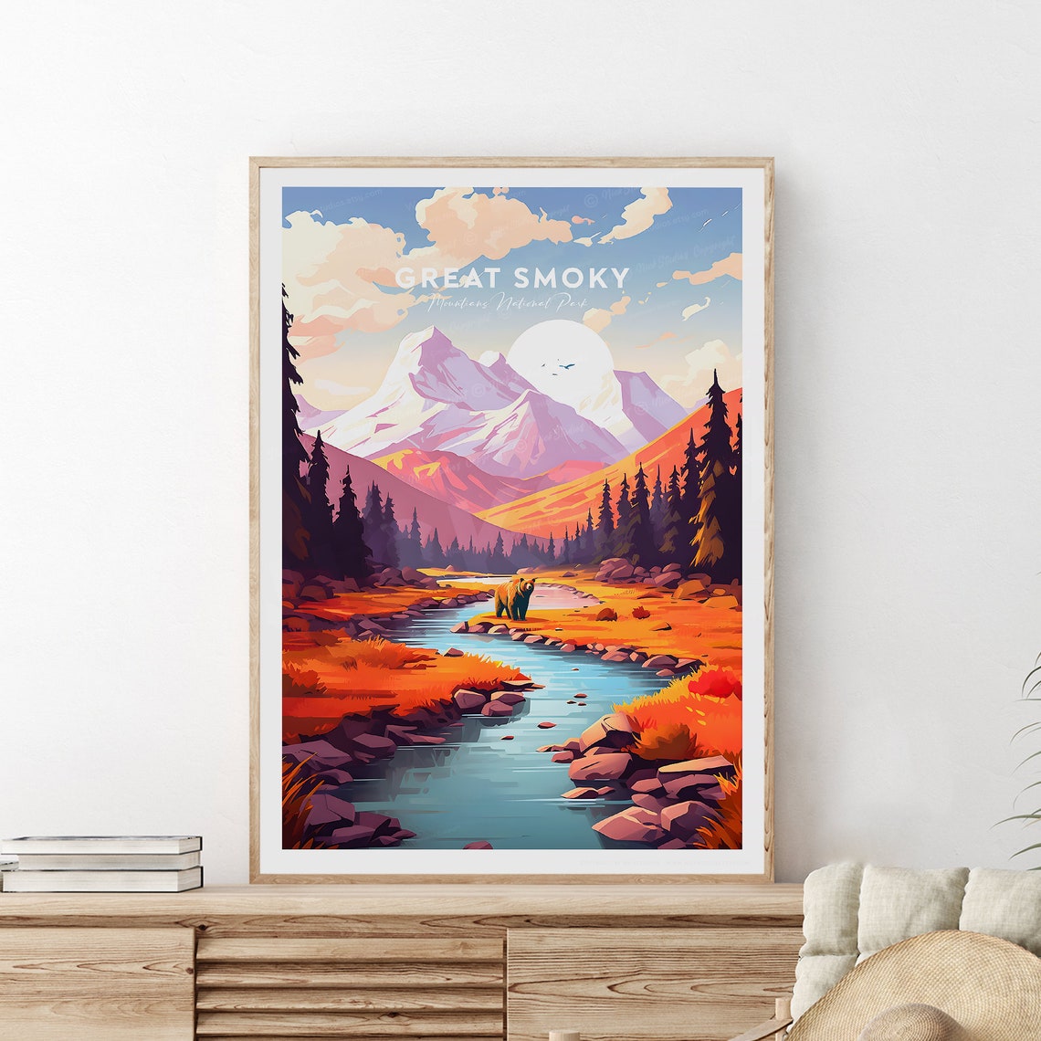 Great Smoky Mountains Autumn Bear Stream Sunrise Travel Poster - Image 2