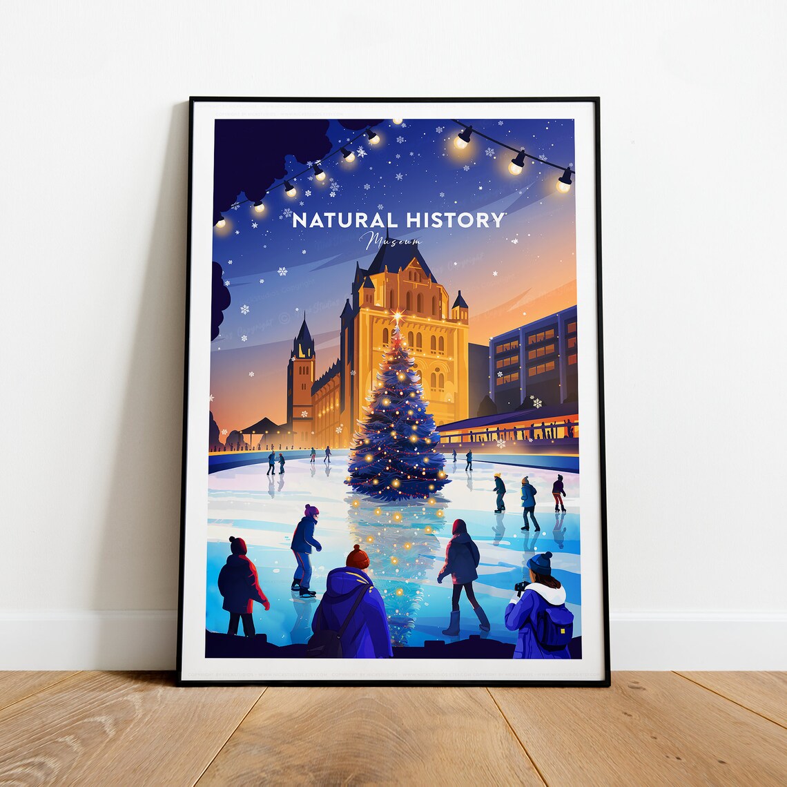 London Natural History Museum Ice Rink Christmas Vintage Travel Poster