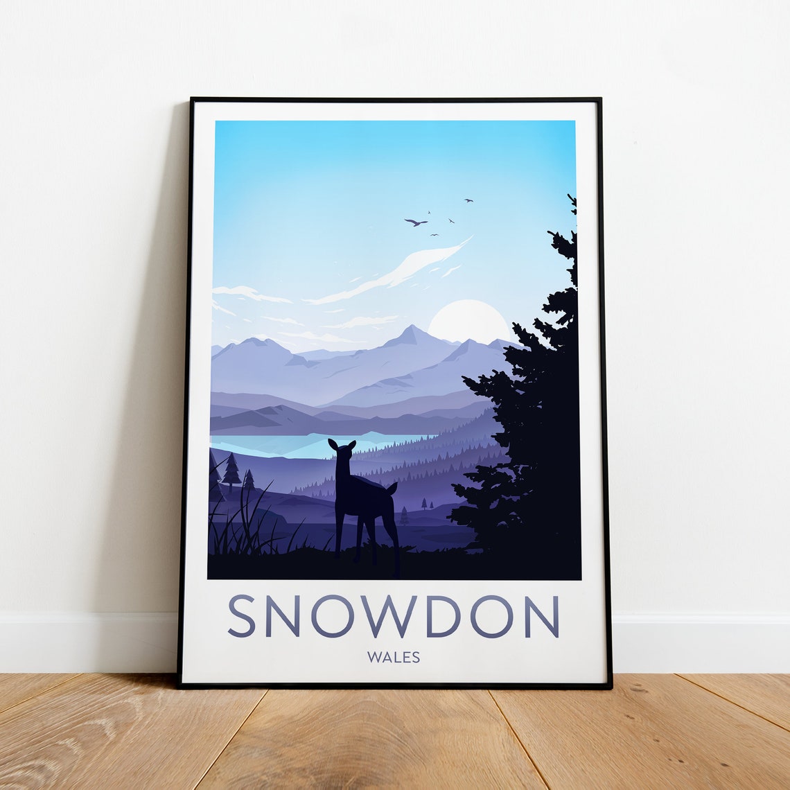 Snowdon Wales Deer Silhouette in Purple Mountain Dusk Travel Poster