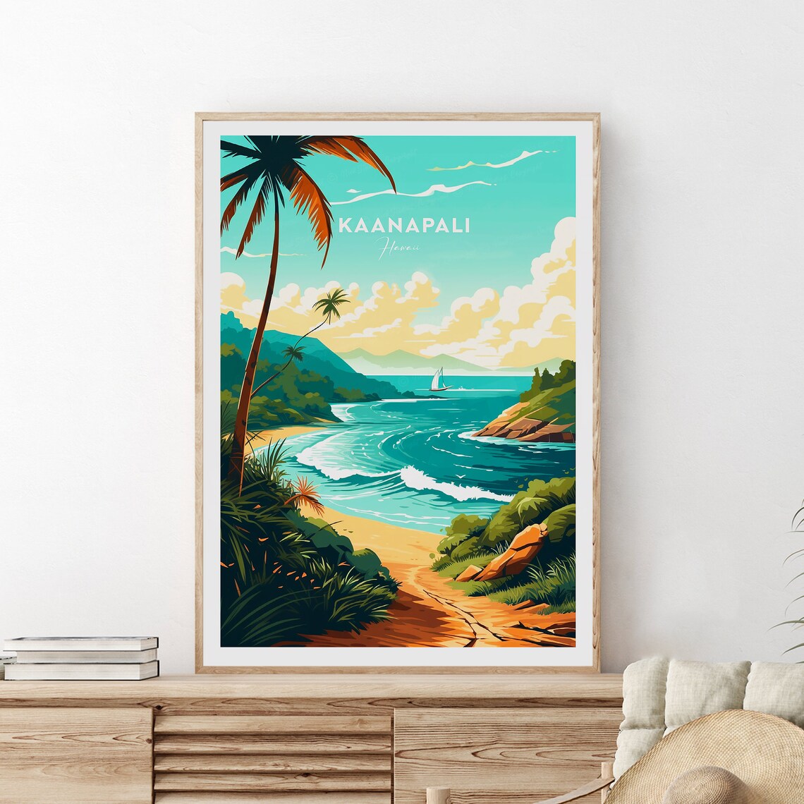 Kaanapali Hawaii Palm-Framed Beach Trail Sunset Travel Poster - Image 2