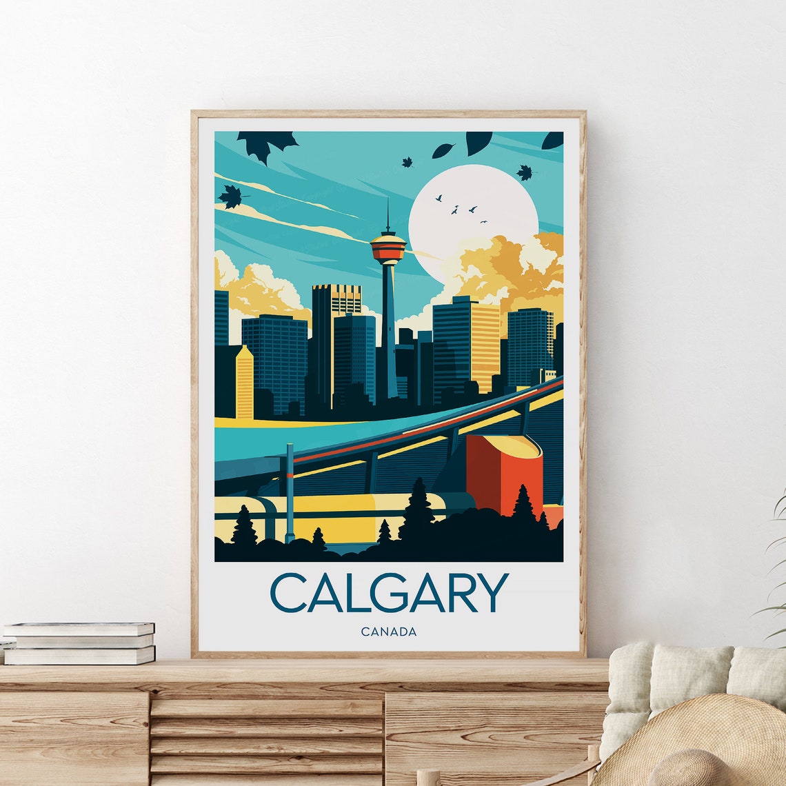 Calgary Canada Tower Skyline Golden Evening City Travel Poster