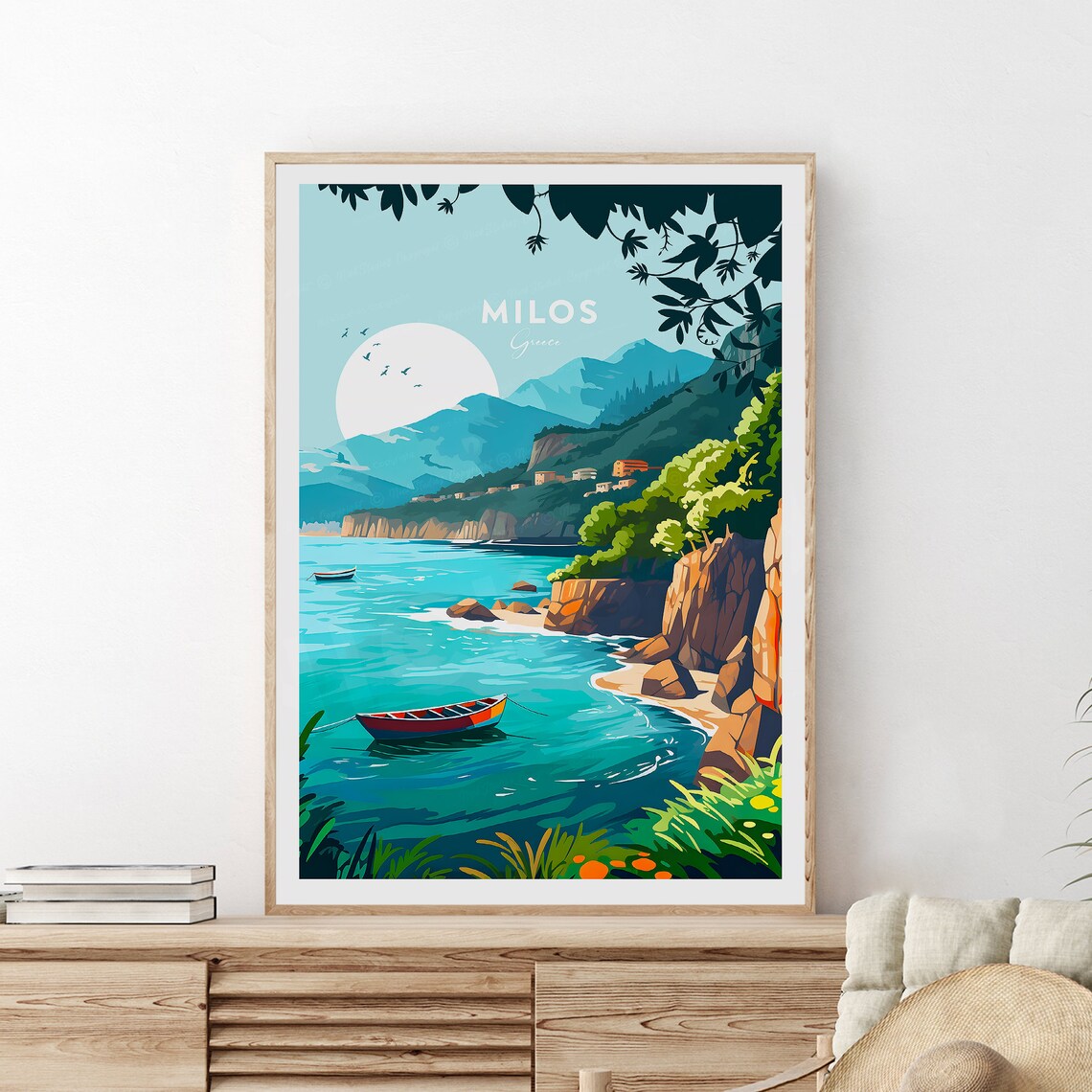 Milos Greece Seaside Cove Fishing Boats Rocky Shore Travel Poster - Image 2