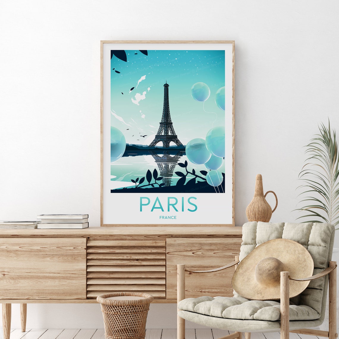 Eiffel Tower Paris Teal Night Skyline Balloons Travel Poster